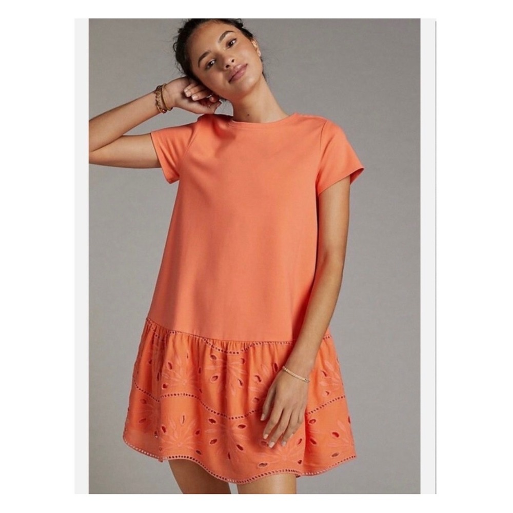 Maeve Anthropologie Orange Eyelet Lace Drop Hem T-Shirt Mini Dress Womens SP